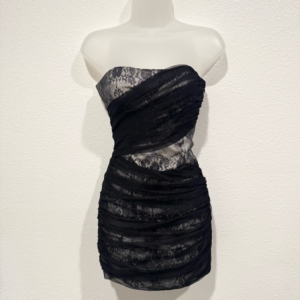 NWT armani exchange black strapless ruched chiffon mesh bodycon mini dress